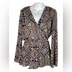 Fab'rik Women's Large Multi Wrap top Romper w/bow tie, Ruffle hem long sleeves M